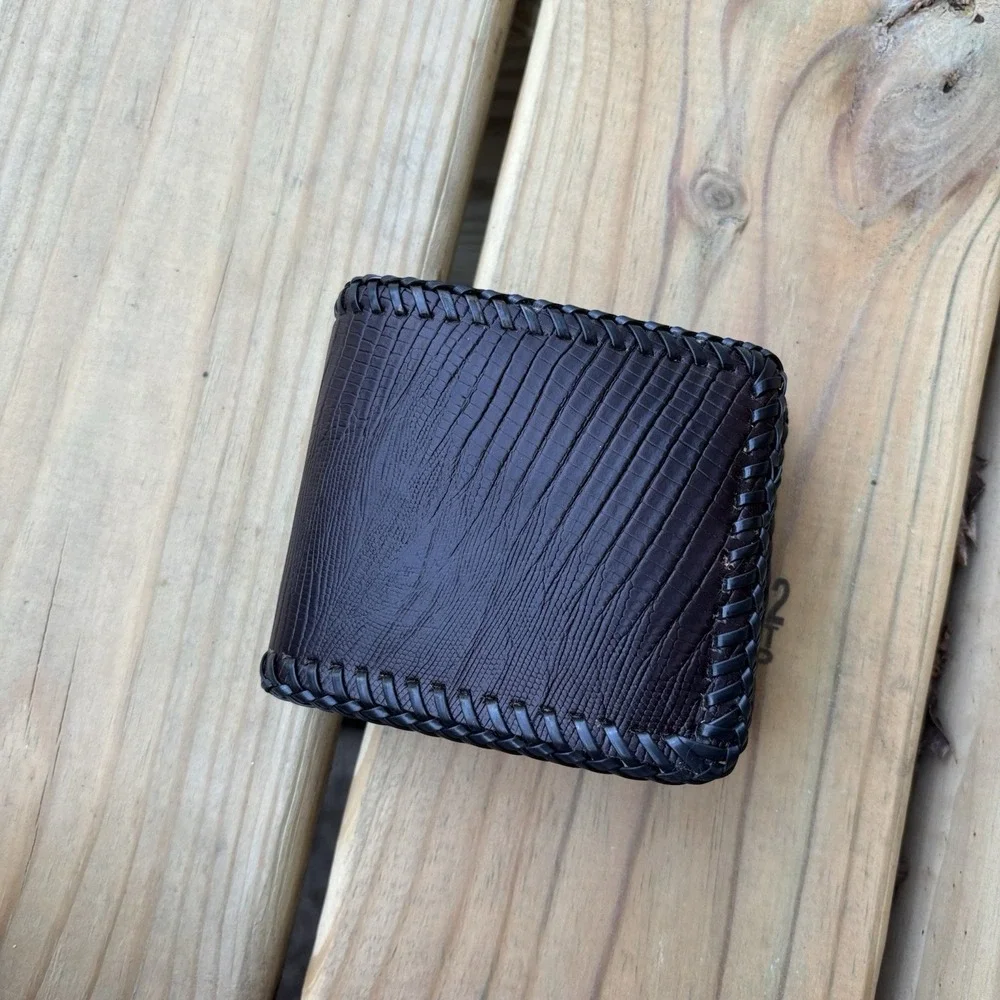 Vintage Bifold Leather Wallet Scales Reptile Hand Tooled Brown Blank 90s
